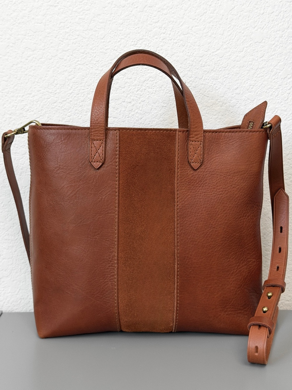 Madewell Transport Leather Crossbody Small Tote with Suede Vertical Stripe